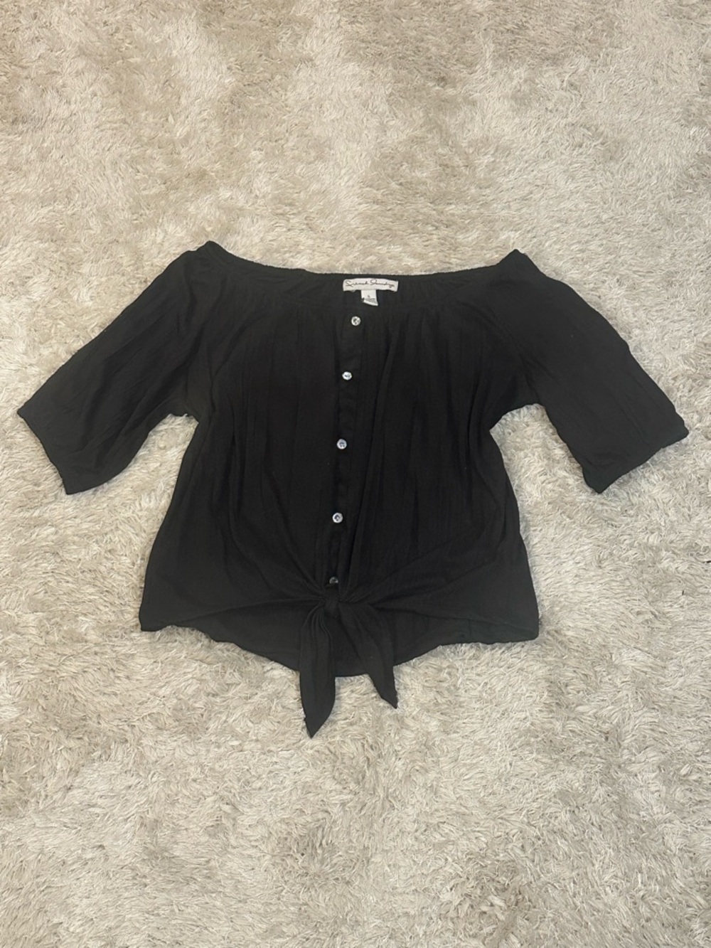 French Laundry Black Off-Shoulder Button-Front Tie Top